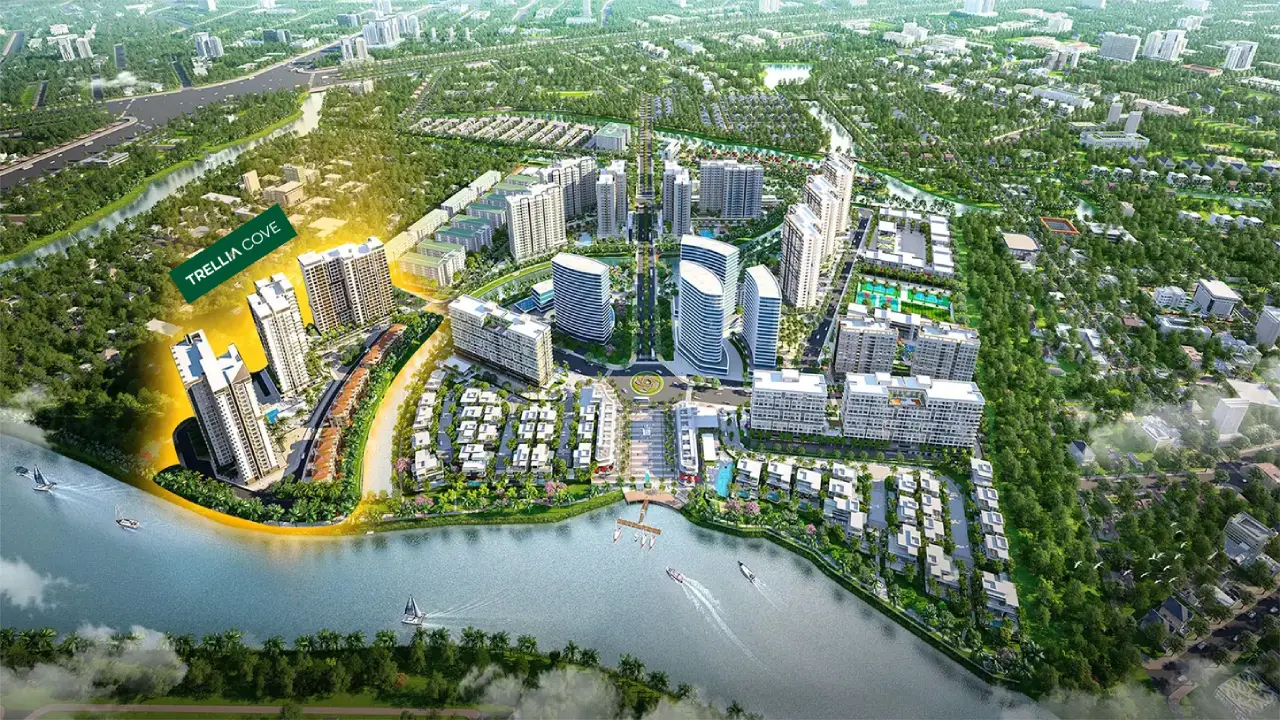 Phối cảnh từ trên cao khu đô thị Mizuki Park bên sông; phân khu Trellia Cove được tô vàng, có tháp căn hộ, nhà phố/biệt thự, đại lộ trung tâm, vòng xoay và bến thuyền.