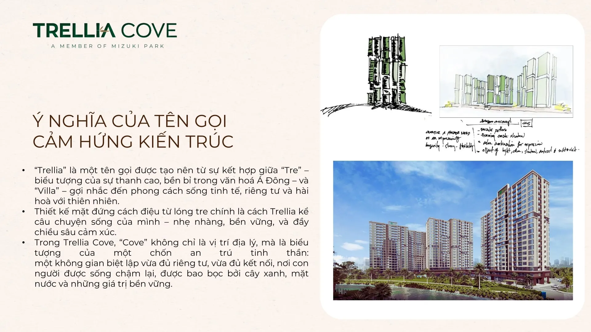 Ý nghĩa tên gọi Trellia Cove: Lấy cảm hứng từ tre và kiến trúc xanh Hình ảnh phối cảnh Trellia Cove Mizuki Park, thể hiện ý nghĩa tên gọi Trellia Cove qua cảm hứng kiến trúc từ tre và mảng xanh