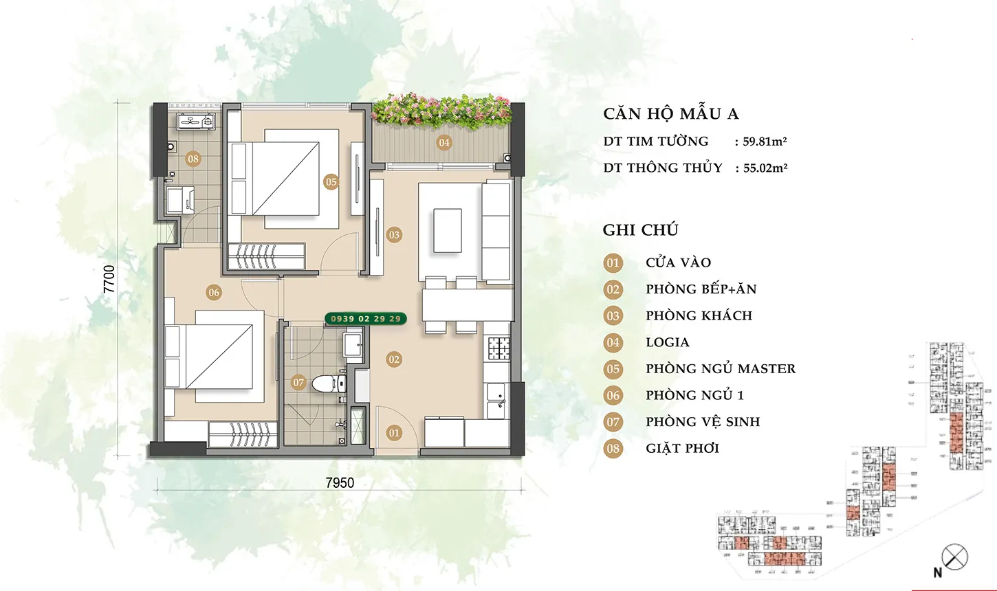Thiết kế căn hộ Trellia Cove mẫu A diện tích 59.81m2