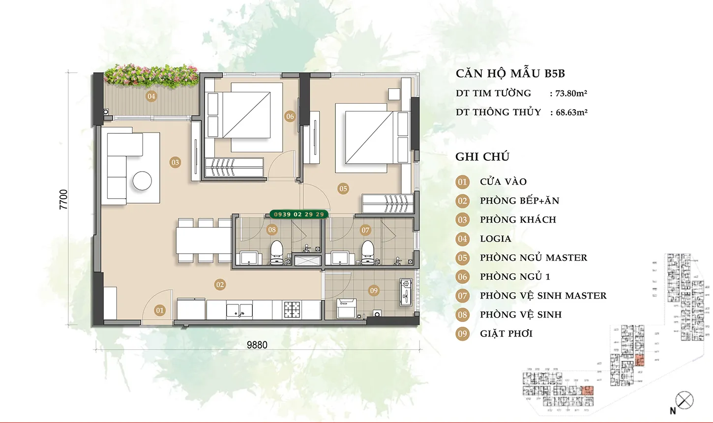 Thiết kế căn hộ Trellia Cove mẫu B5 diện tích 73,80m2