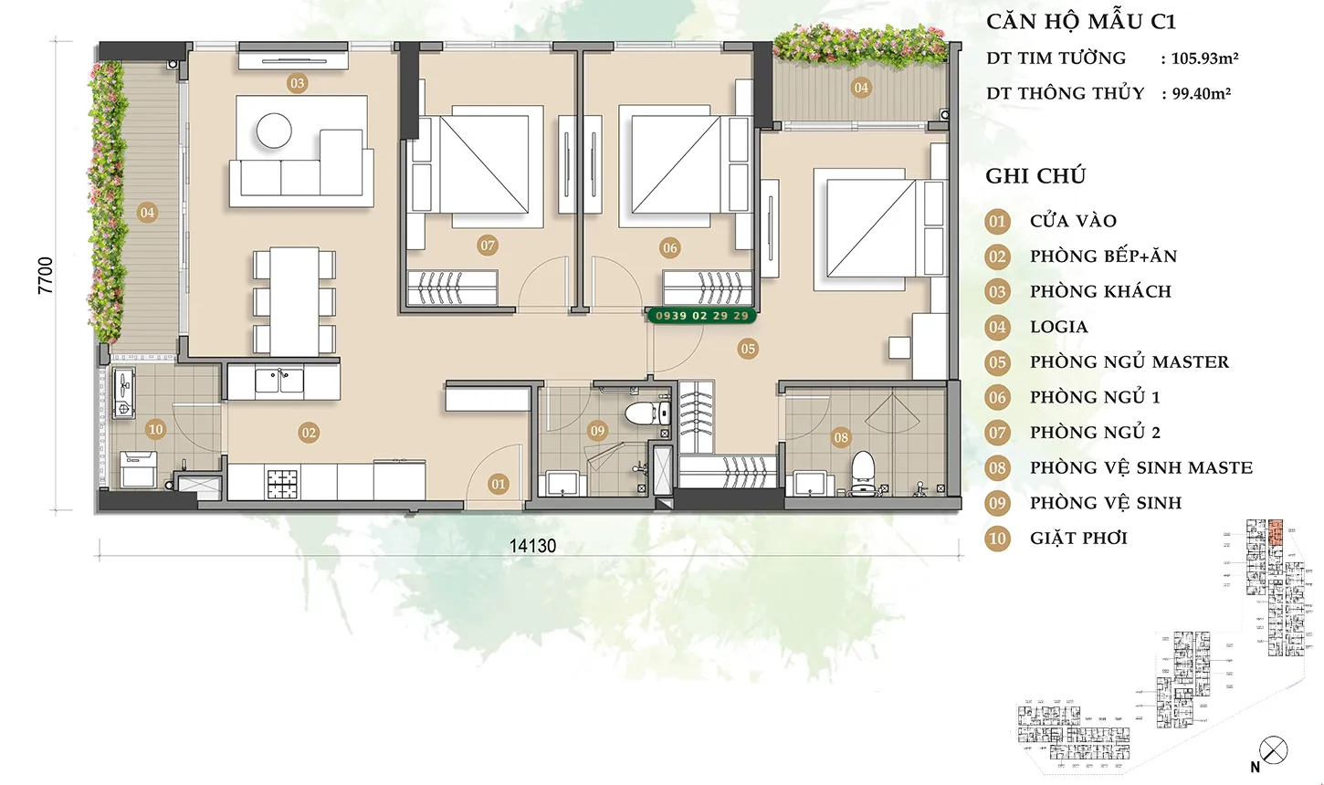 Thiết kế căn hộ Trellia Cove mẫu C1 diện tích 105.93m2