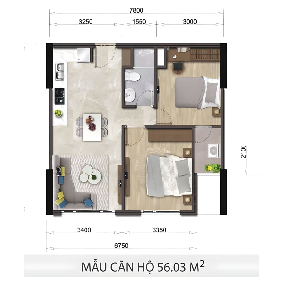 Thiết kế mẫu căn hộ 56m2 dự án Mizuki Park