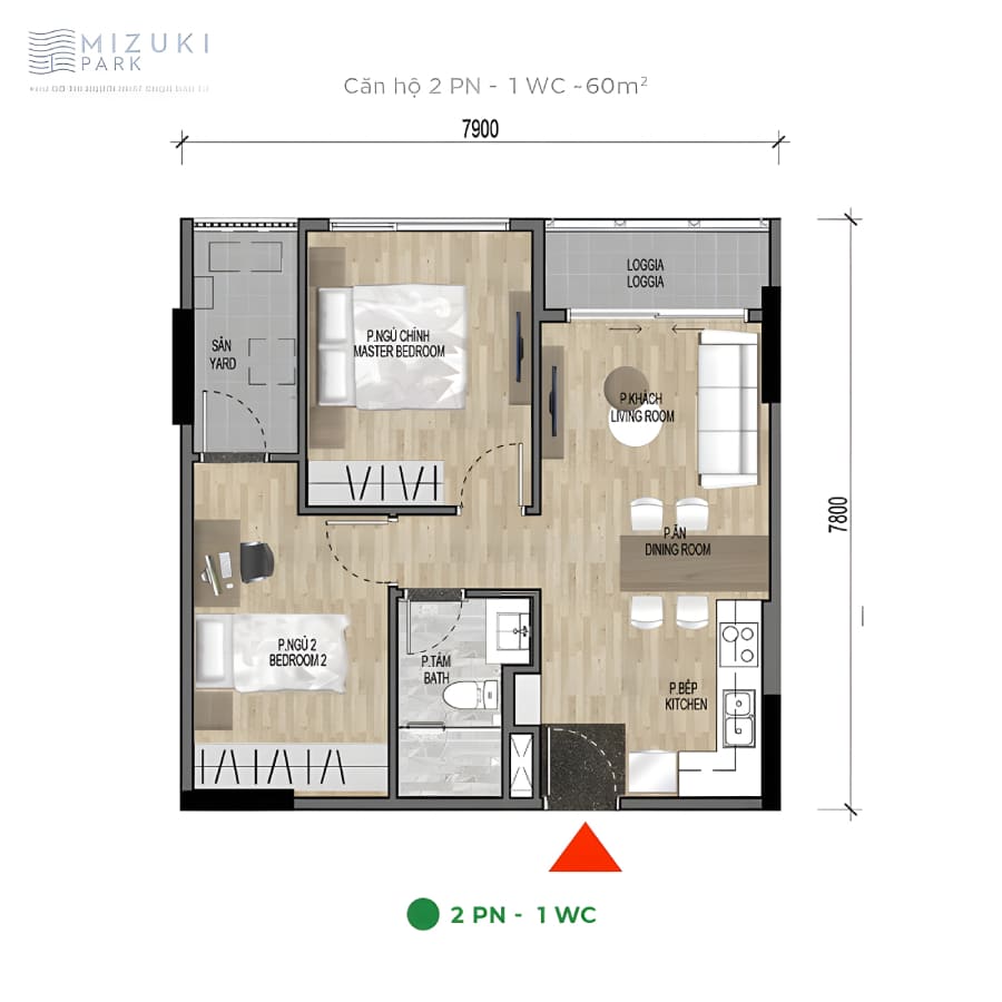 Thiết kế mẫu căn hộ 60m2 dự án Mizuki Park