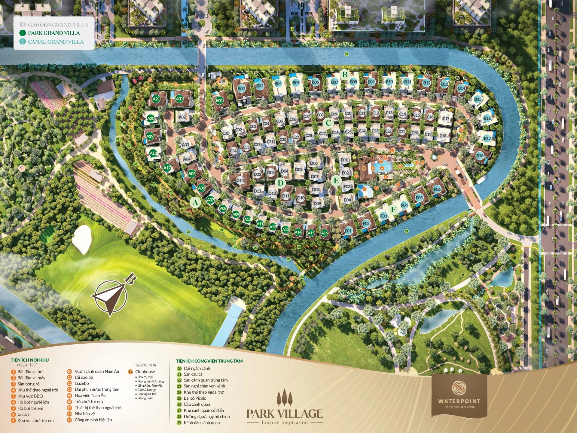 Mặt Bằng Tổng Thể & Tiện Ích Phân Khu Park Village Waterpoint - Khu Biệt Thự Sông - Dự án Waterpoint