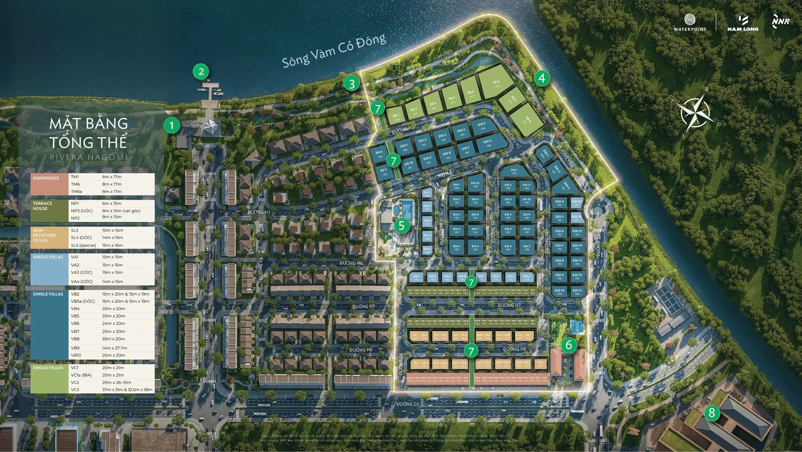 Mặt bằng tổng thể Rivera Nagomi Waterpoint với mã dãy nhà, đường nội khu, sông Vàm Cỏ Đông, kênh và 8 tiện ích