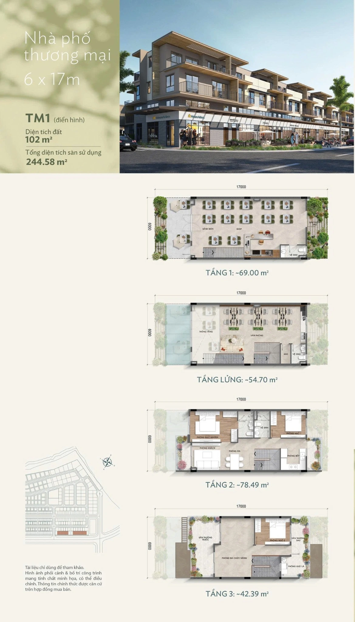 Thiết kế nhà phố thương mại Rivera Nagomi TM1 6x17m, đất 102m², tổng diện tích sàn 244,58m²
