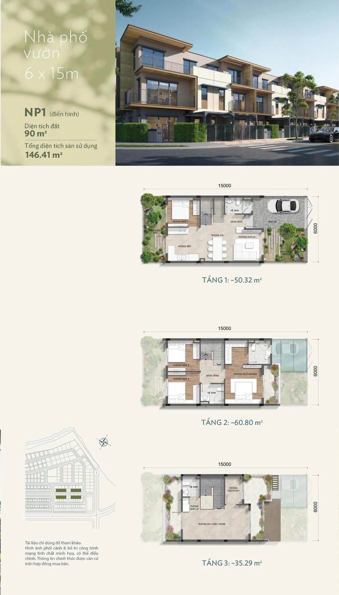 Thiết kế nhà phố vườn Rivera Nagomi NP1 6x15m, đất 90m², tổng diện tích sàn 146,41m²