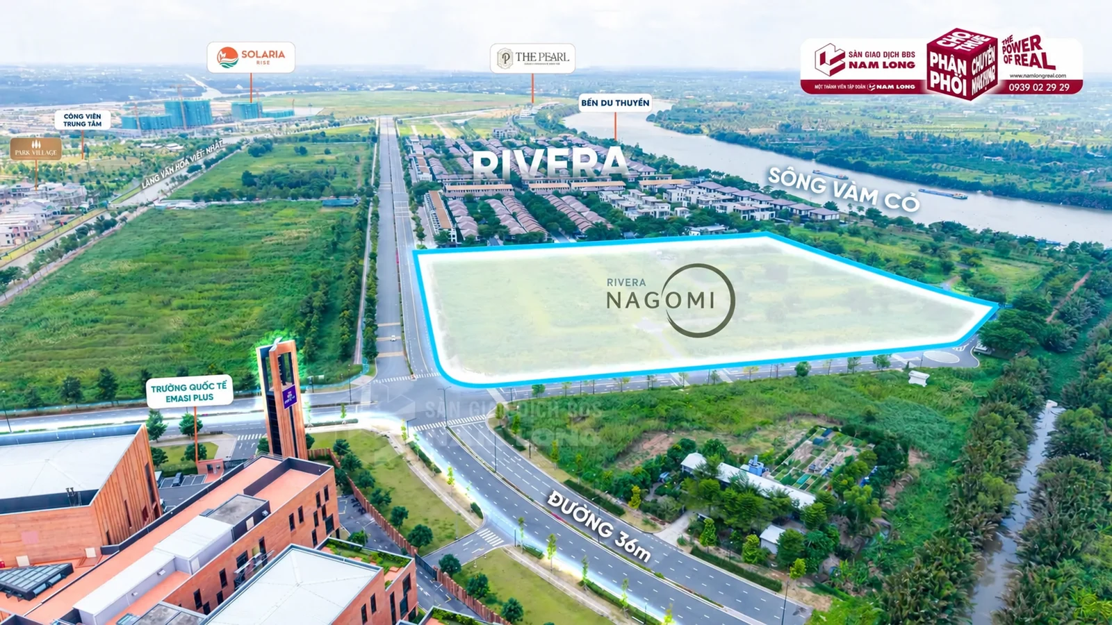 Ảnh Waterpoint từ trên cao đánh dấu Rivera Nagomi, Rivera, trường EMASI Plus và đường 36 m